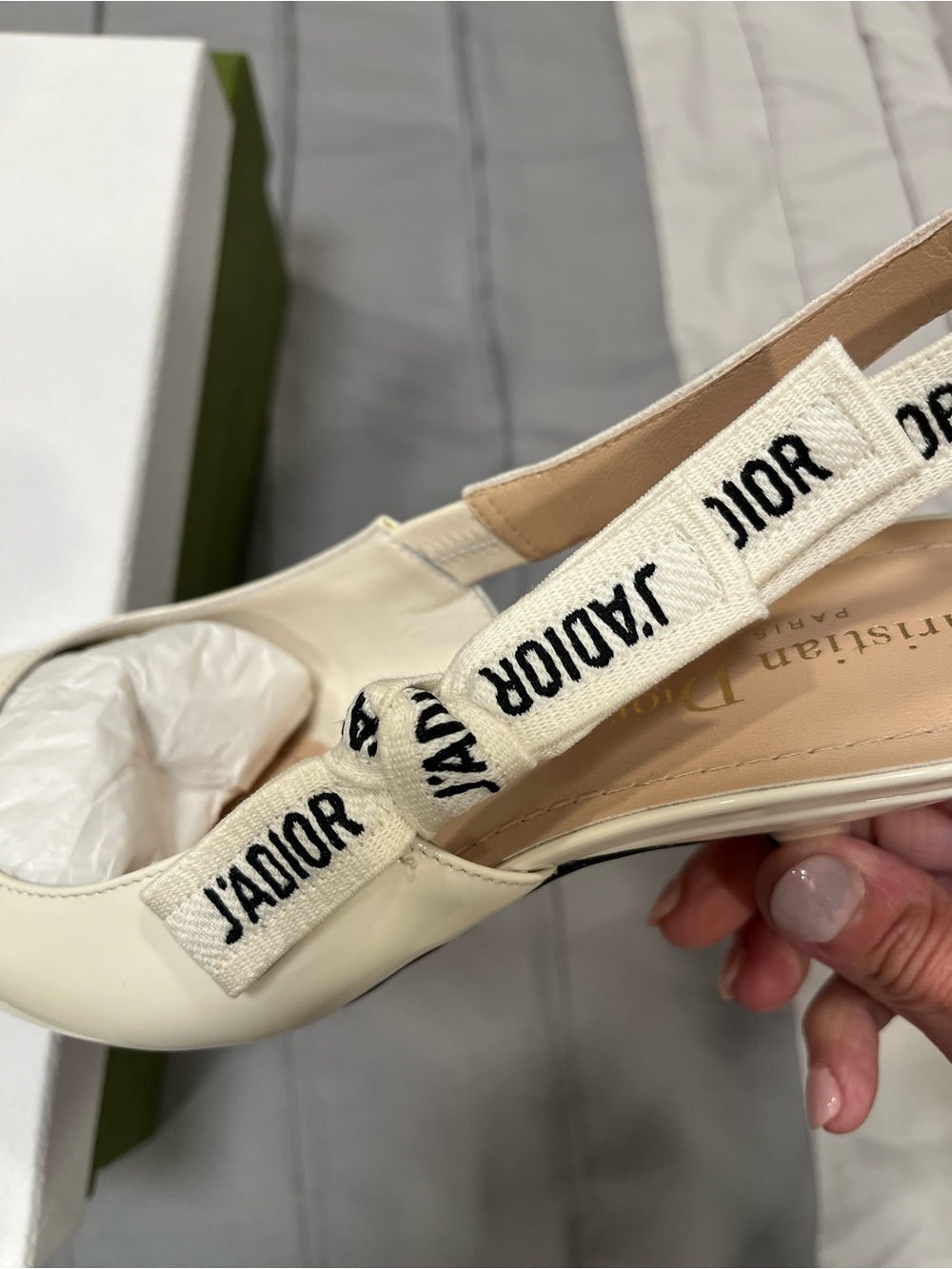 Dior Cream Patent Pointed Slingback Heels with J'Adior Ribbon - Picture 6 of 15